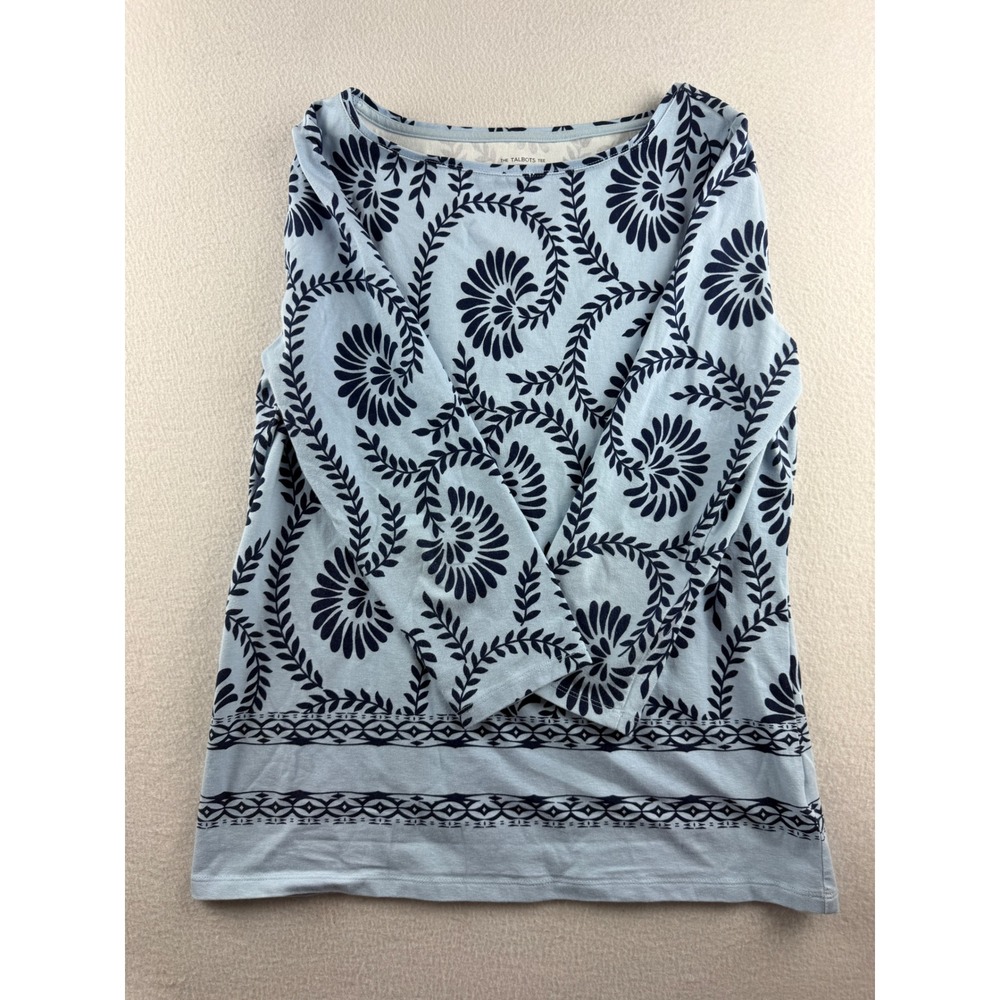 Talbots Womens Blue Navy‎ Botanical Floral Boat Neck 3/4 Sleeve Jersey Tee M